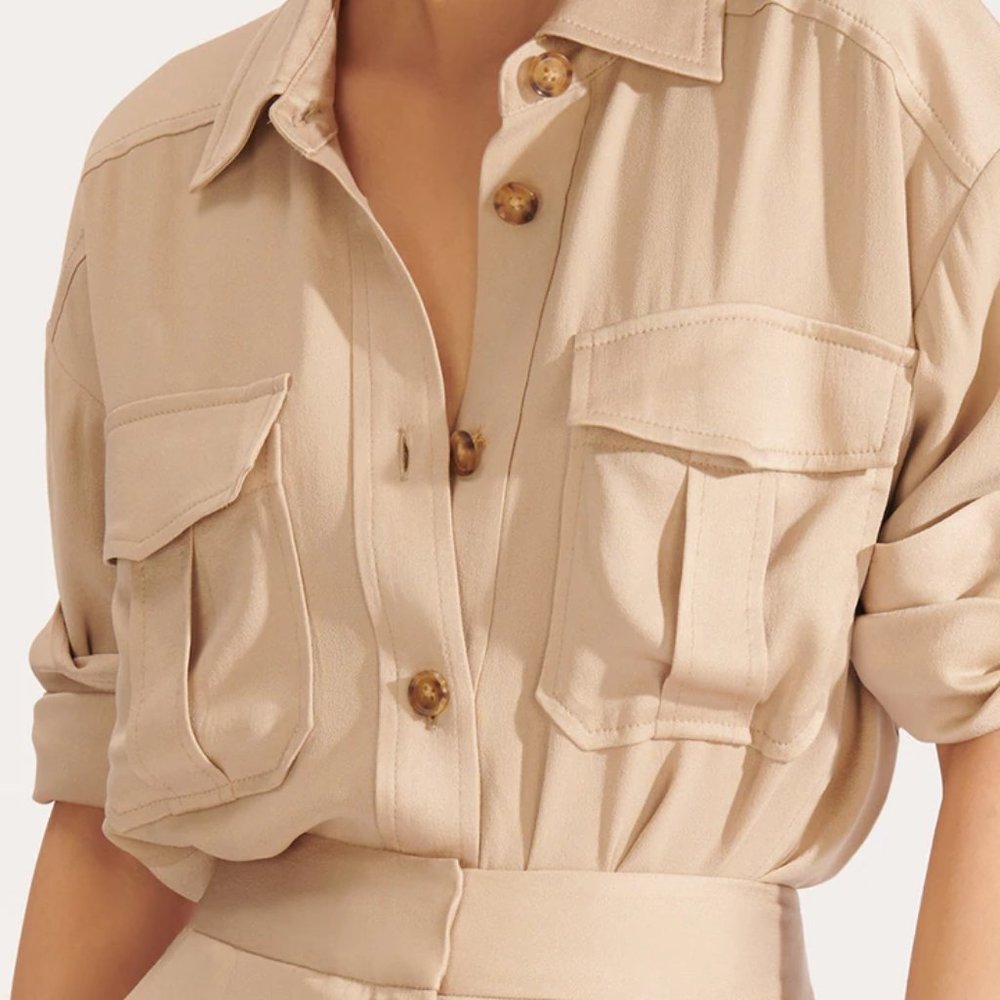 Veronica Beard M Luxe Crepe Button Down Blouse Long Sleeve Shirt Sand size 6